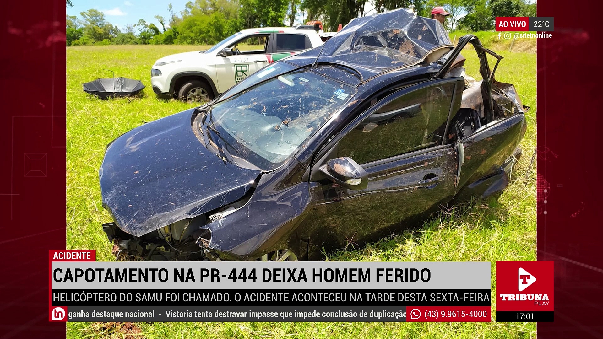 Capotamento na PR-444 deixa homem de 34 anos ferido