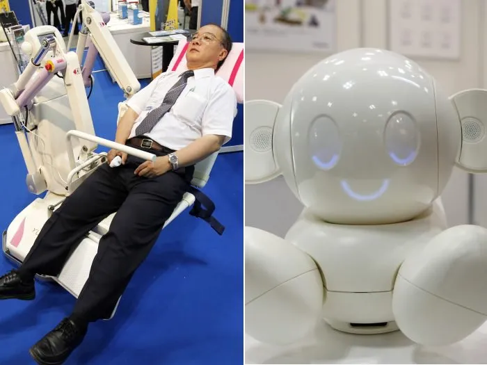  Robô Chapit (à dir.) faz diferentes expressões faciais, enquanto o Personal Mobility Robot ajuda idosos a se movimentar