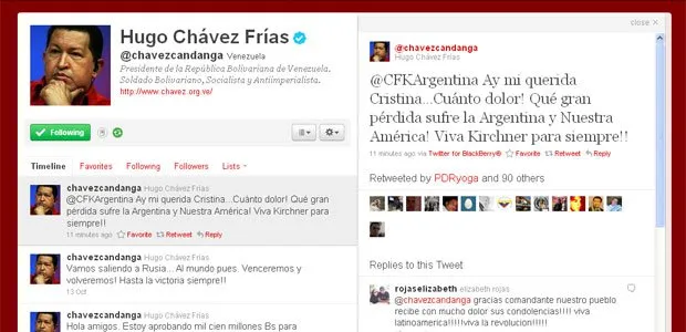  Hugo Chávez enviou mensagem pelo Twitter lamentando morte de Néstor Kirchner.