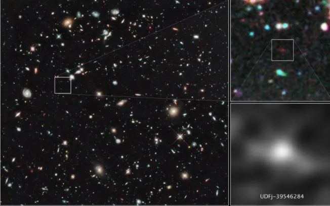  A galáxia recém-encontrada, batizada de UDFj-39546824, foi achada em uma minúscula área do céu denominada Campo Ultra Profundo do Hubble