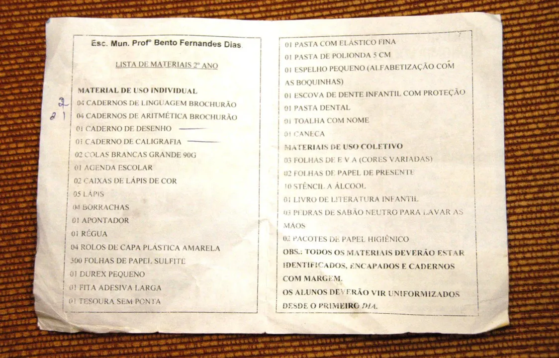 A lista de material que está sendo exigida em uma das escolas de Apucarana; no verso, a propaganda de uma livraria