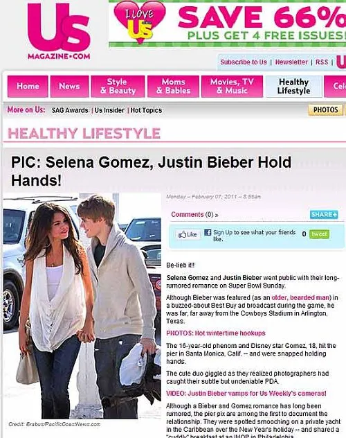 O site da revista US Magazine exibiu nesta segunda-feira (7) uma foto do astro teen Justin Bieber de mãos dadas com a também cantora Selena Gomes, de 18 anos