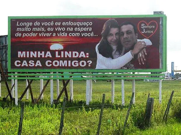  Mensagem foi colocada por namorado na estrada que vai até a Praia de Laranjal, em Pelotas