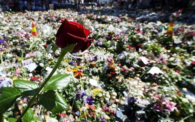  Rosa é vista em memorial improvisado em frente de Catedral de Oslo em homenagem às vítimas de massacre de 22 de julho na Noruega
