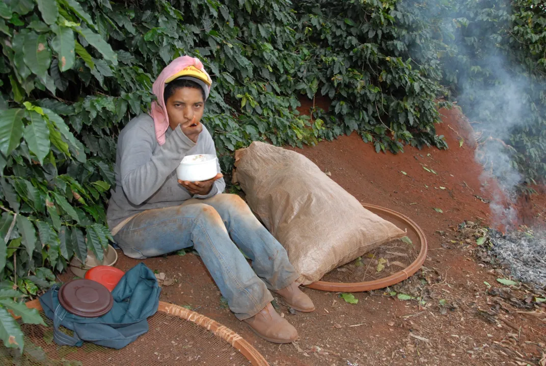 Zilda Aparecida faz uma parada para almoço na colheita do café, em Cambira
