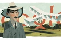  A página inicial traz uma arte aonde aparece uma ilustração de Santos Dumont, com o famoso 14-bis 