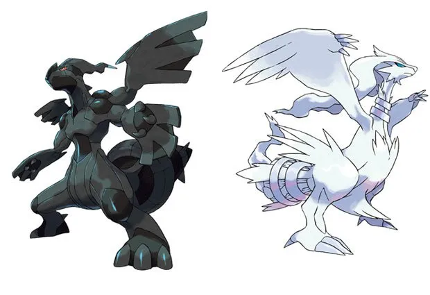  Os novos Pokémons lendários são o Zekrom (à esquerda), da versão "White", e Reshiram (à direita), da versão "Black".