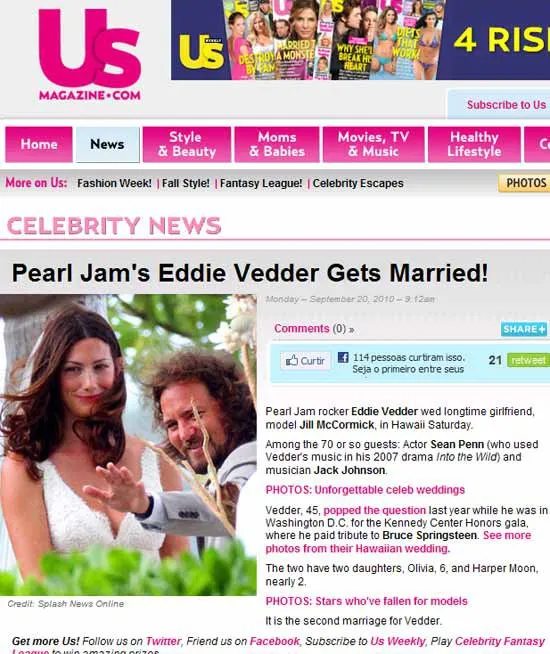  O líder do Pearl Jam, Eddie Vedder, se casou no Havaí
