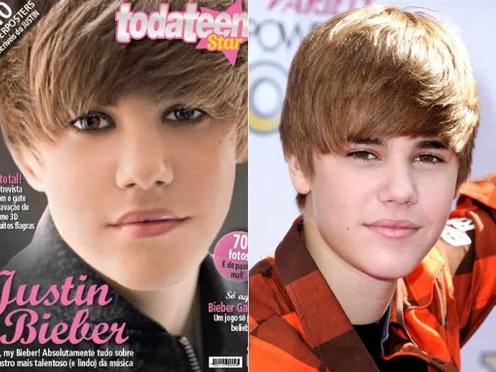  O cantor Justin Bieber na capa da Todateen Star e em um evento nos EUA, com seu visual "original"
