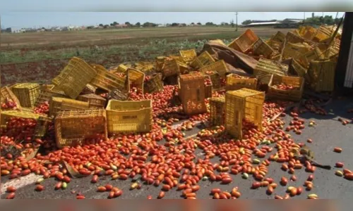 
							Carreta carregada com tomate tomba e carga fica espalhada pela pista
						
						