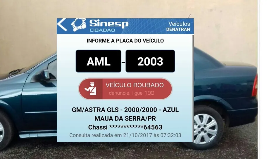 Ladrões roubaram o GM  Astra GLS azul, ano 2000, placas AML 2003, de Mauá da Serra - Imagem: Reprodução