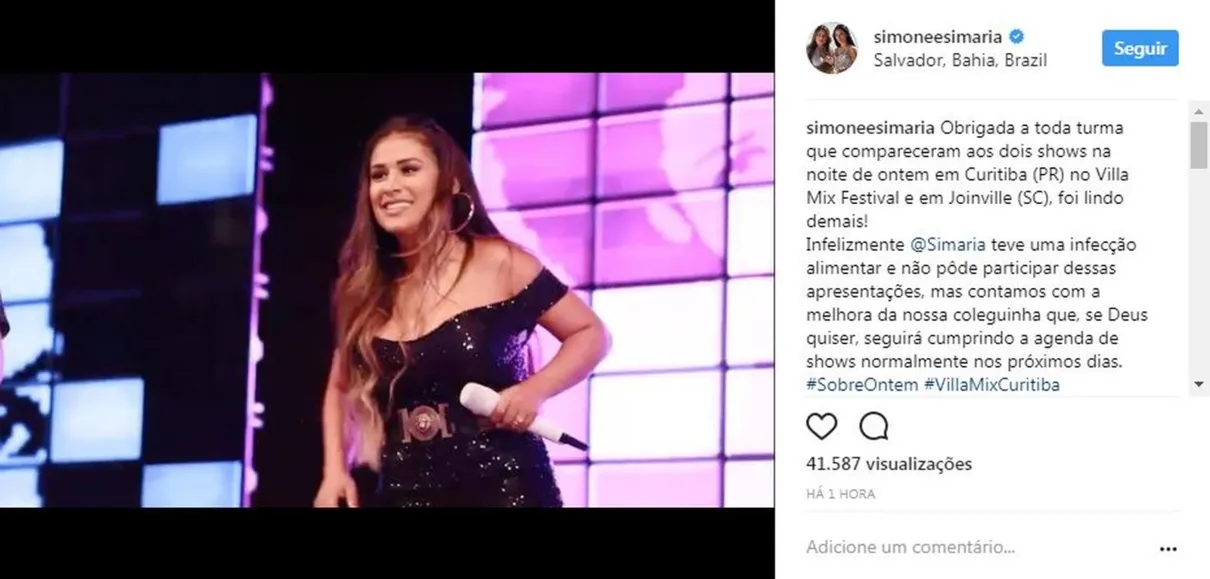 Infecção alimentar foi o motivo para a cantora Simaria não subir ao palco no Paraná - Foto: Reprodução/Instagram)