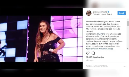 'Infecção alimentar' motivou ausência de Simaria em palco no Paraná