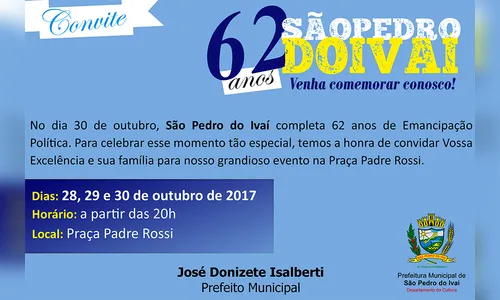São Pedro do Ivaí comemora 62 anos neste final de semana 