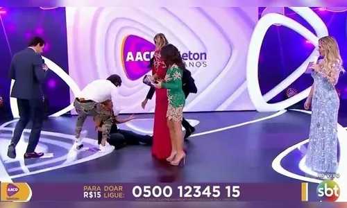 Patrícia Abravanel cai durante apresentação do Teleton