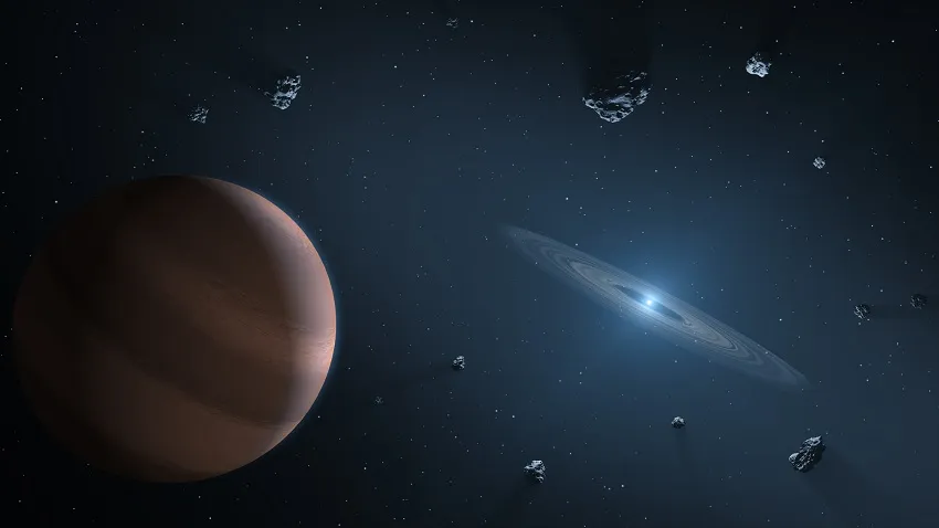 Conceito artístico de um exoplaneta e disco de detritos orbitando uma anã branca Imagem: NASA / JPL-Caltech