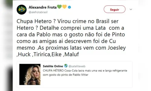 
							“Lata de Coca com Pabllo tem gosto de cu”, ataca Alexandre Frota
						
						