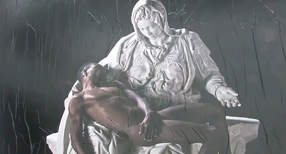 'Jesus negro': Virgem Maria abraça refugiado em obra italiana - Imagem Reprodução