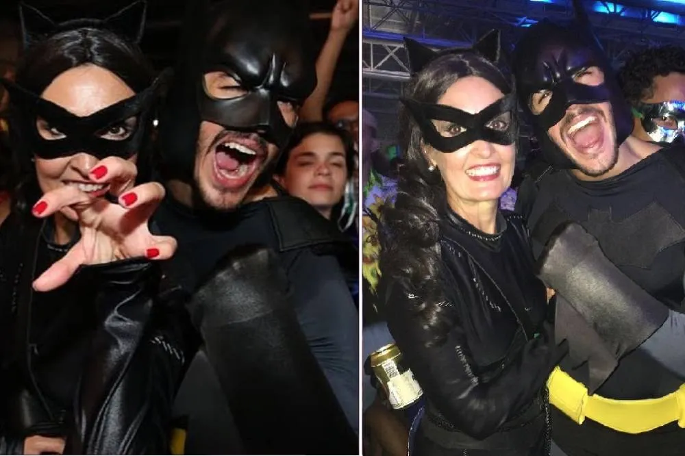 Vestidos de Mulher-Gato e Batman, Fátima Bernardes e Túlio Gadêlha curtem festa à fantasia