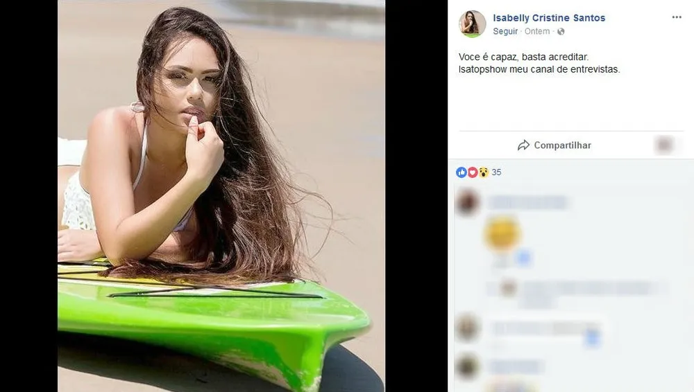 A modelo e youtuber Isabelly Cristine Santos, de 15 anos, foi baleada na cabeça (Foto: Reprodução/Facebook)