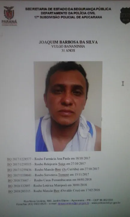 Joaquim Barros da Silva, 31 anos, conhecido como "Bananinha", estava hospedado em um hotel na área central de Apucarana - Foto: Reprodução/TNONLINE