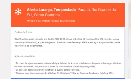 
							Defesa Civil emite alerta de chuva intensa com raios 
						
						