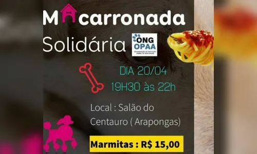 Macarronada beneficente da OPAA acontece hoje em Arapongas