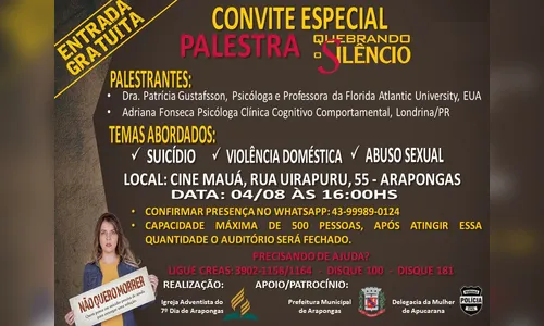 Suicídio, violência doméstica e abuso sexual serão temas de palestra em Arapongas 