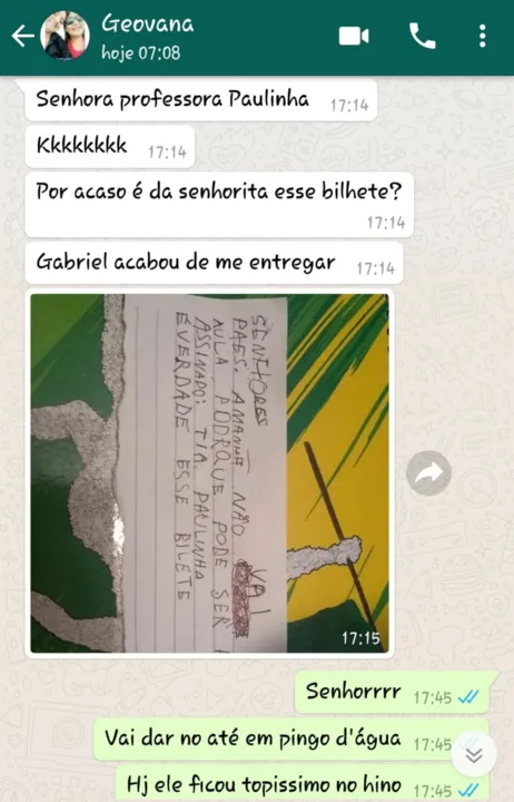 Mãe da criança entrou em contato com a professora para rir da situação. Foto: Reprodução/Arquivo pessoal