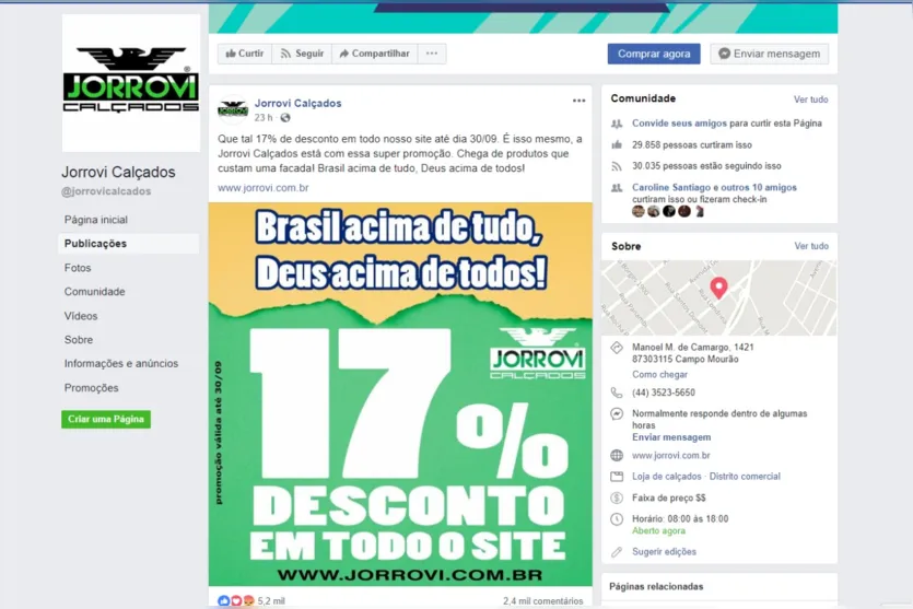  Postagem no Facebook de promoção com 17% de desconto cita nome da coligação de Bolsonaro, mas gerência nega alusão à campanha presidencial do candidato do PSL - Imagem: Reprodução/Facebok 