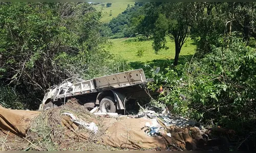 Caminhão perde o freio e cai em ribanceira; três pessoas ficam feridas