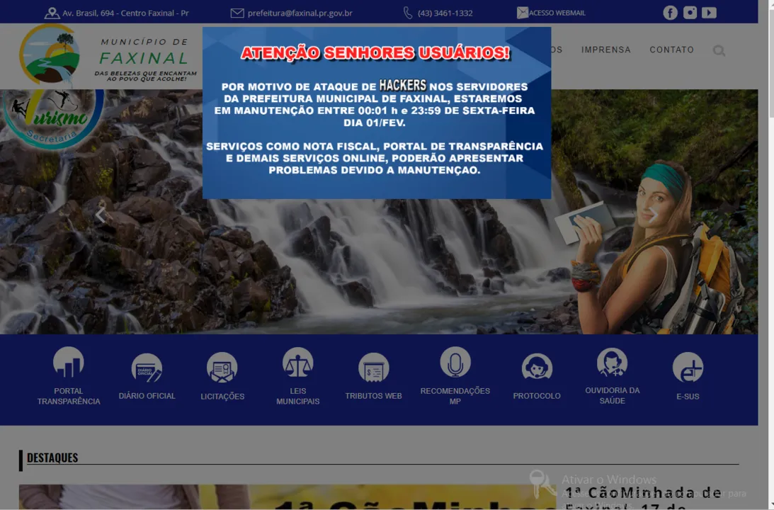 Comunicado informa que o site da Prefeitura de Faxinal foi atacado por hackers. Foto: Reprodução