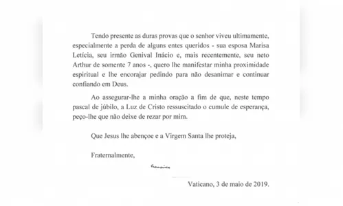 
							Papa Francisco envia carta a Lula e lamenta perdas 
						
						