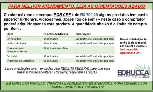 
							Distribuição de senhas terá início às 6 horas para o Bazar da Edhucca com produtos apreendidos pela Receita Federal
						
						