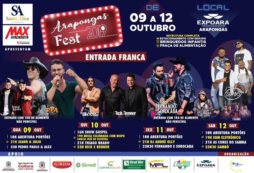 Festa de Arapongas, com grandes shows gratuitos, deve movimentar a cidade e região