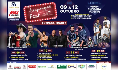 Festa de Arapongas, com grandes shows gratuitos, deve movimentar a cidade e região