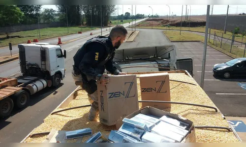 PRF descobre 450 mil carteiras de cigarro em meio à carga de milho no Paraná; veja vídeo