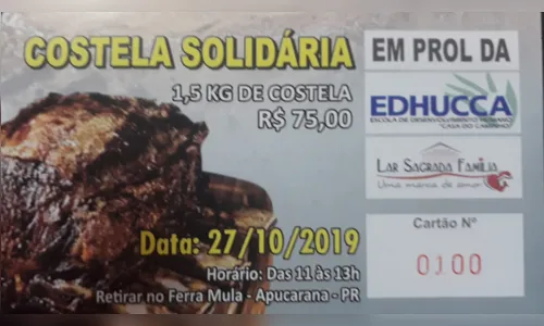 
							Costelada solidária em prol do Lar Sagrada Família e Edhucca
						
						