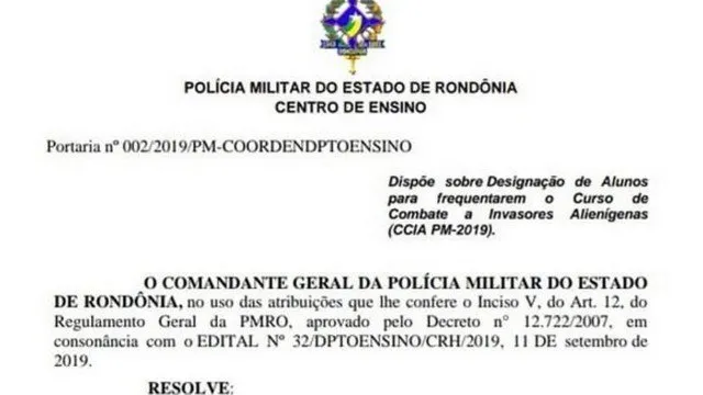 PM cria curso fictício de combate a alienígenas e documento é publicado por engano no site da corporação