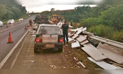 
						
							Carreta tomba e espalha carga de madeira na BR 376
						
						