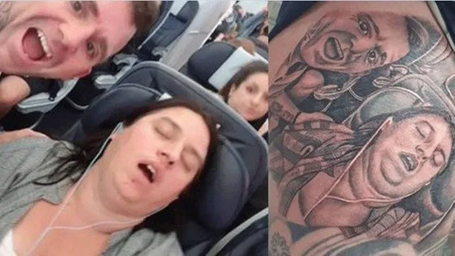 Homem tatua em coxa imagem da esposa roncando