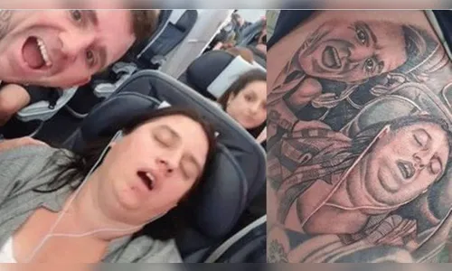 Homem tatua em coxa imagem da esposa roncando