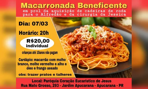 Macarronada beneficente acontece no sábado (7) em Apucarana 