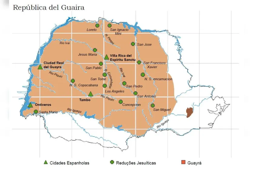   Mapa das reduções jesuítas no território do Guairá, atual Estado do Paraná 