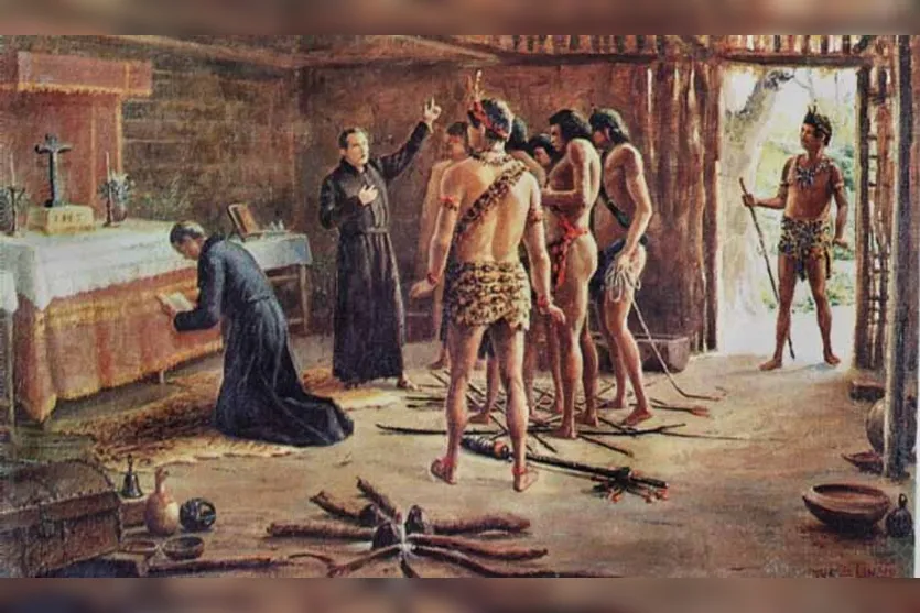  Gravura representando os jesuítas em processo de catequização dos índios 
