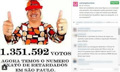 Luciano Camargo se revolta com vitória de Tiririca