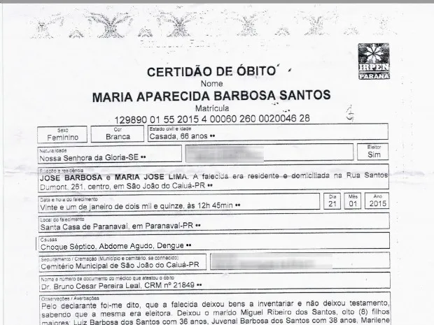 Atestado confirma que Maria Aparecida morreu vítima de dengue (Foto: Reprodução)