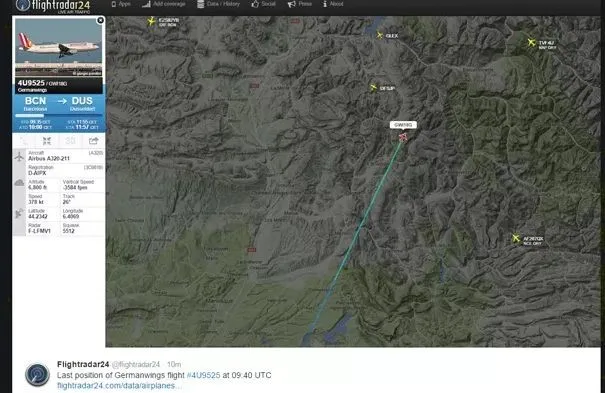 Imagem postada noperfil do Twitter do site Flightradar mostra a última localização do Airbus A320, nesta terça-feira (24) (Foto: Reprodução/Twitter Flightradar24)