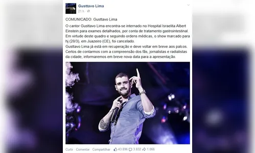 Gusttavo Lima é internado e não tem previsão de alta, diz boletim médico