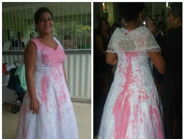 Família registrou estrago no vestido usado por Adiliane na festa e na entrada da igreja em Pirapetinga (Foto: Adiliane Mattos/Arquivo Pessoal)